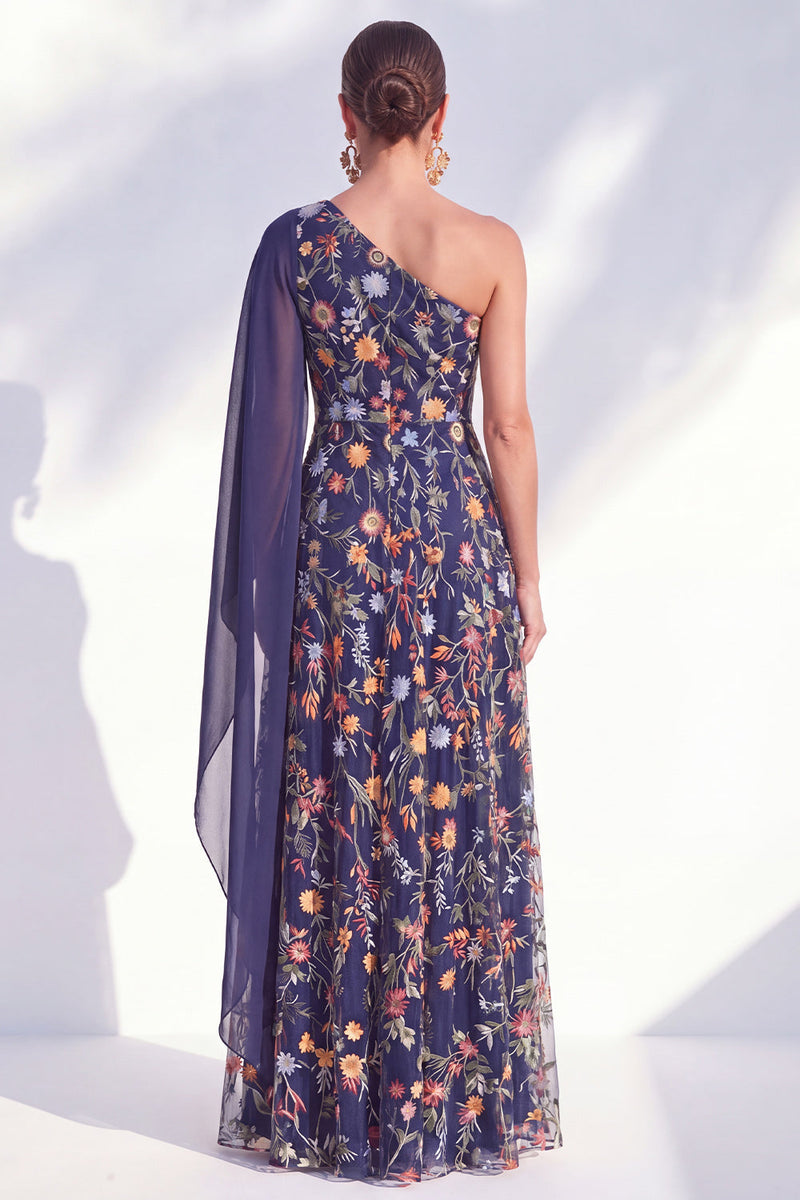 Load image into Gallery viewer, Floral One Shoulder Blue Long A Line Mother of the Bride Dress with Side Cape
