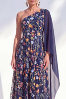 Load image into Gallery viewer, Floral One Shoulder Blue Long A Line Mother of the Bride Dress with Side Cape