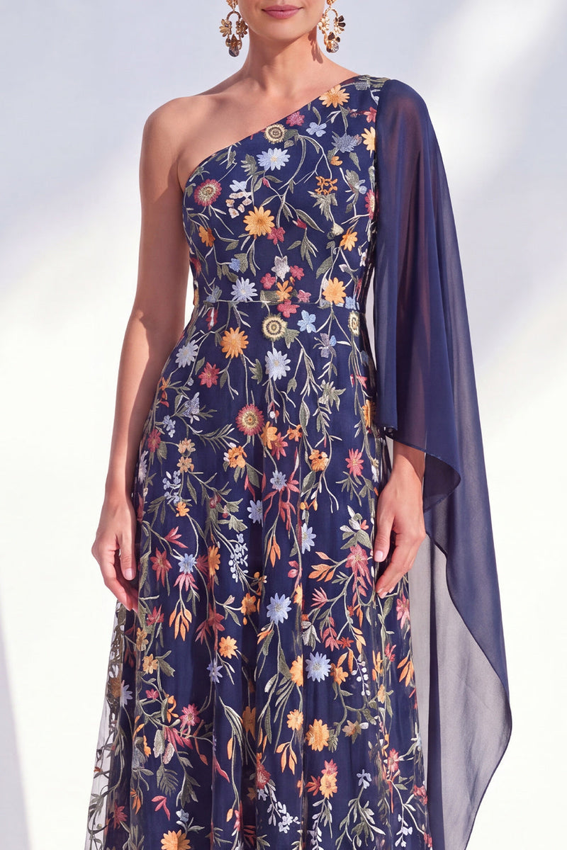 Load image into Gallery viewer, Floral One Shoulder Blue Long A Line Mother of the Bride Dress with Side Cape