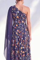 Load image into Gallery viewer, Floral One Shoulder Blue Long A Line Mother of the Bride Dress with Side Cape