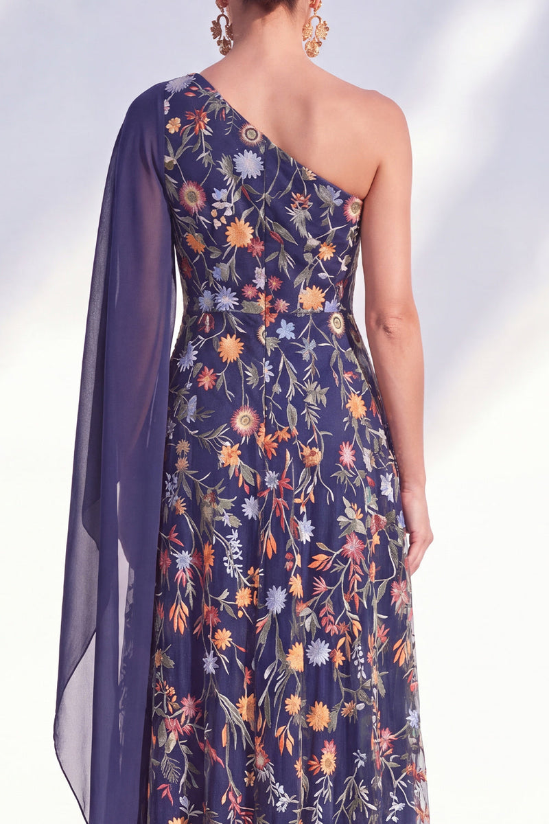 Load image into Gallery viewer, Floral One Shoulder Blue Long A Line Mother of the Bride Dress with Side Cape