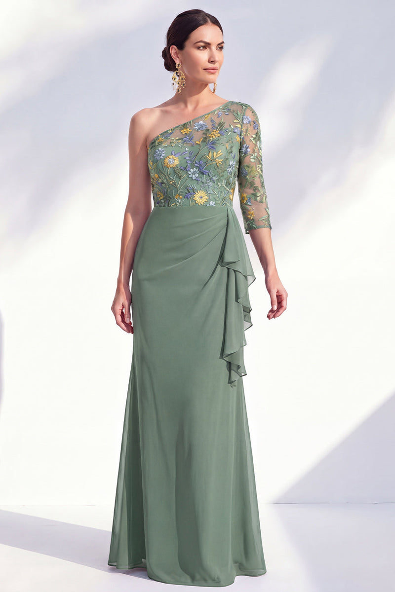 Load image into Gallery viewer, Grey Purple Mermaid Ruched Floral Long Mother of the Bride Dress with Ruffles