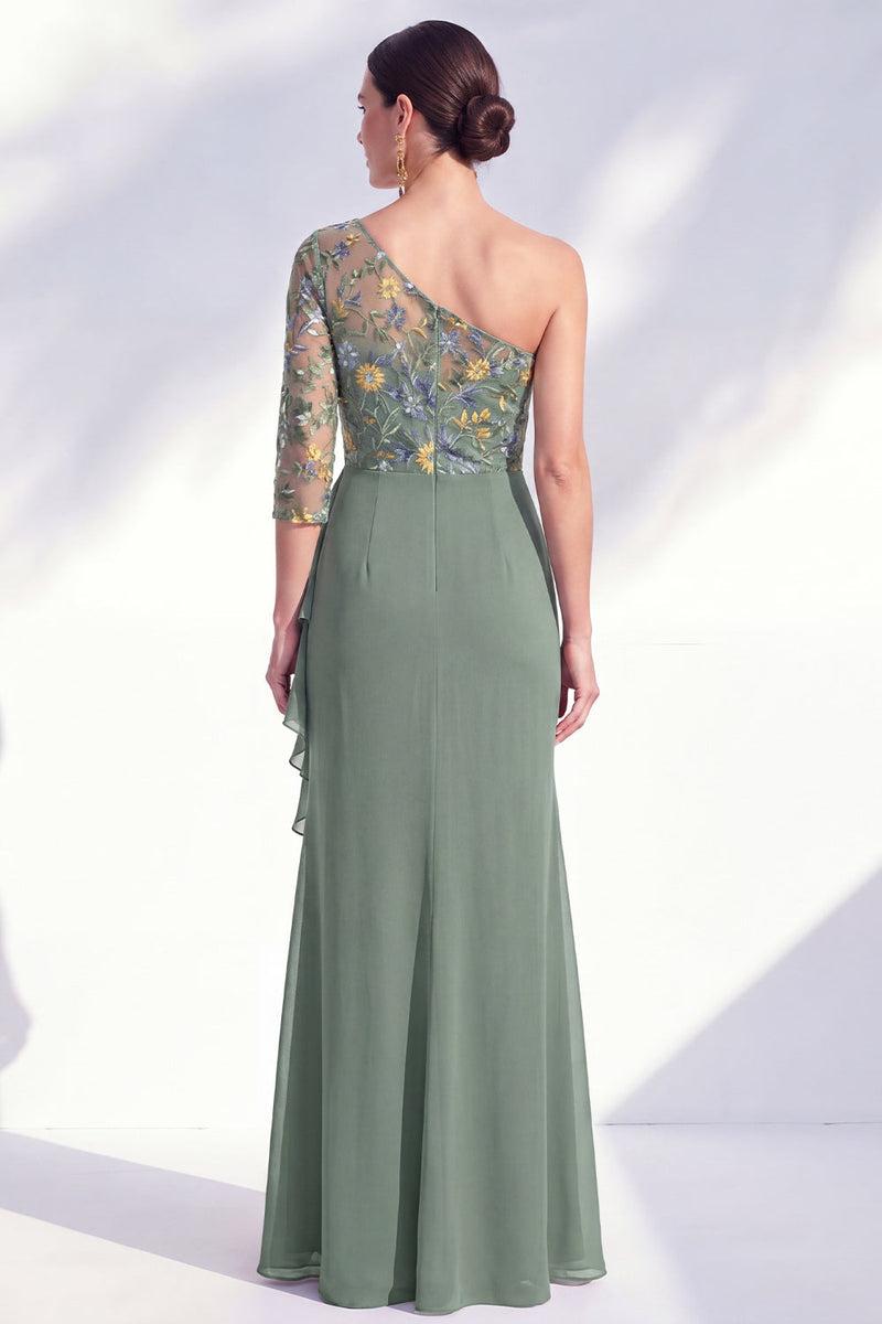 Load image into Gallery viewer, Grey Purple Mermaid Ruched Floral Long Mother of the Bride Dress with Ruffles
