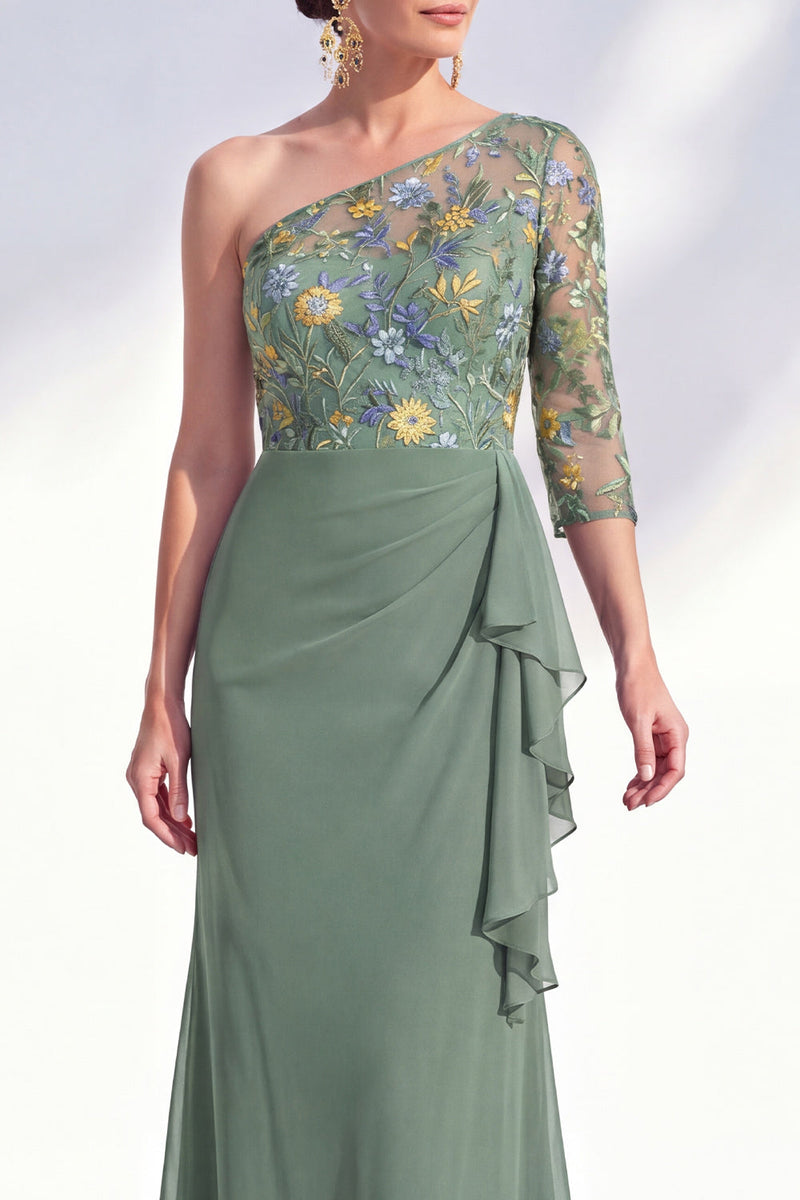 Load image into Gallery viewer, Grey Purple Mermaid Ruched Floral Long Mother of the Bride Dress with Ruffles