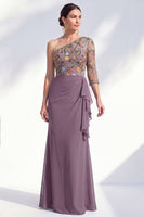Load image into Gallery viewer, Grey Purple Mermaid Ruched Floral Long Mother of the Bride Dress with Ruffles