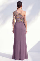 Load image into Gallery viewer, Grey Purple Mermaid Ruched Floral Long Mother of the Bride Dress with Ruffles