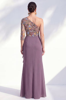 Grey Purple Mermaid Ruched Floral Long Mother of the Bride Dress with Ruffles