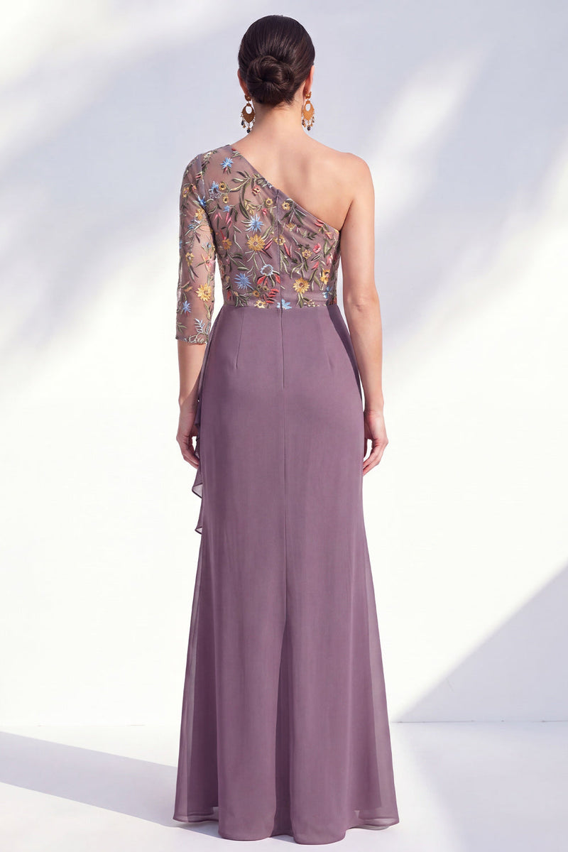 Load image into Gallery viewer, Grey Purple Mermaid Ruched Floral Long Mother of the Bride Dress with Ruffles