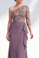 Load image into Gallery viewer, Grey Purple Mermaid Ruched Floral Long Mother of the Bride Dress with Ruffles