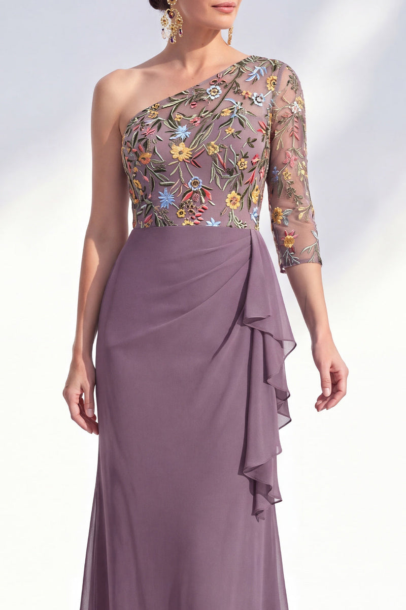 Load image into Gallery viewer, Grey Purple Mermaid Ruched Floral Long Mother of the Bride Dress with Ruffles