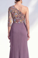 Load image into Gallery viewer, Grey Purple Mermaid Ruched Floral Long Mother of the Bride Dress with Ruffles