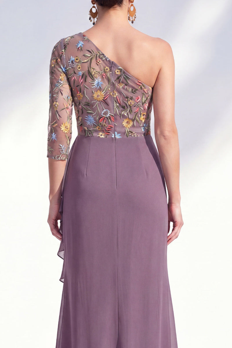 Load image into Gallery viewer, Grey Purple Mermaid Ruched Floral Long Mother of the Bride Dress with Ruffles