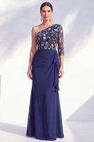 Load image into Gallery viewer, Grey Purple Mermaid Ruched Floral Long Mother of the Bride Dress with Ruffles