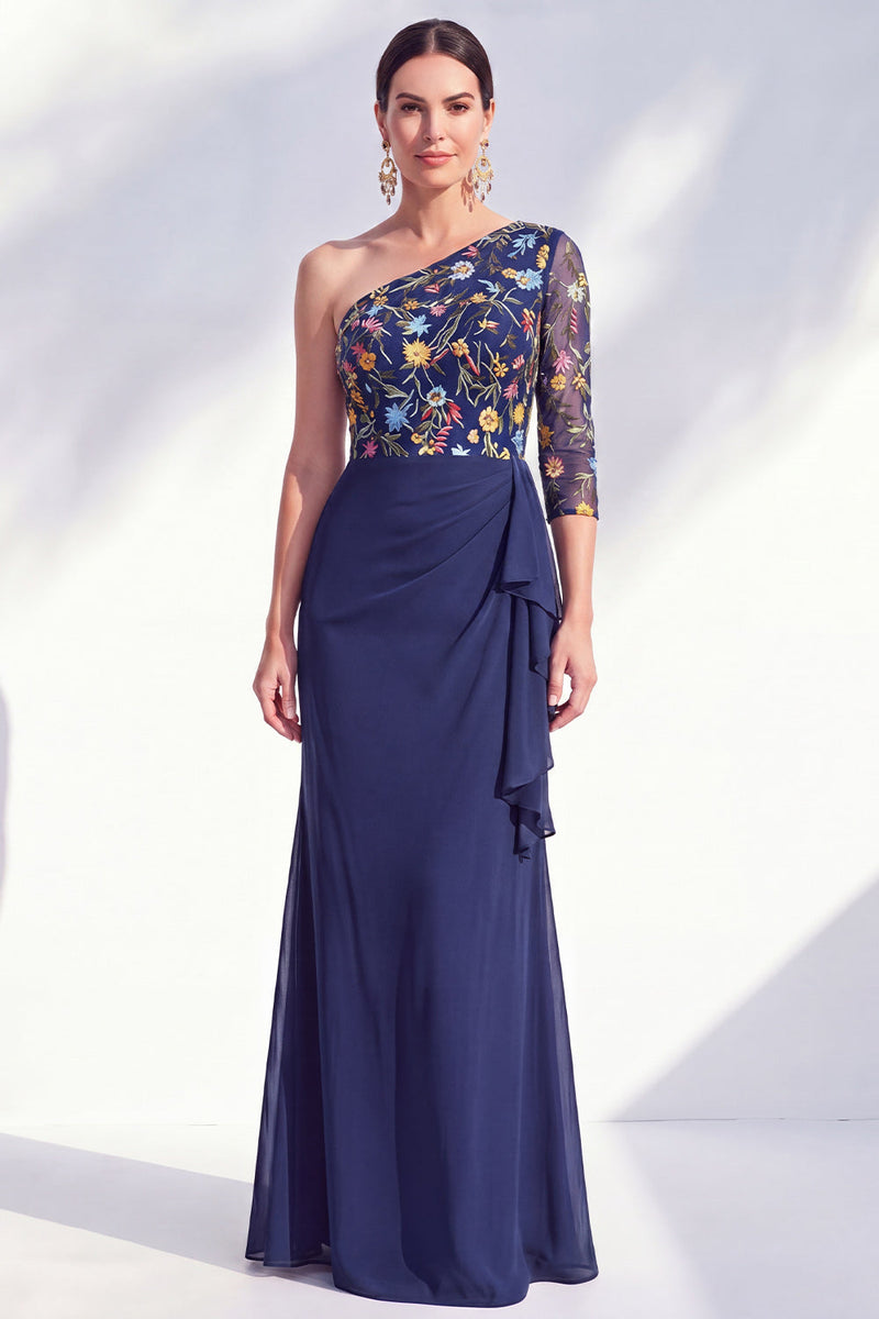 Load image into Gallery viewer, Grey Purple Mermaid Ruched Floral Long Mother of the Bride Dress with Ruffles