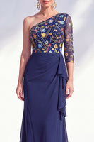 Load image into Gallery viewer, Grey Purple Mermaid Ruched Floral Long Mother of the Bride Dress with Ruffles