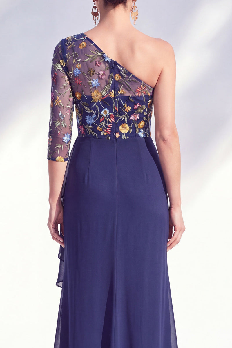Load image into Gallery viewer, Grey Purple Mermaid Ruched Floral Long Mother of the Bride Dress with Ruffles