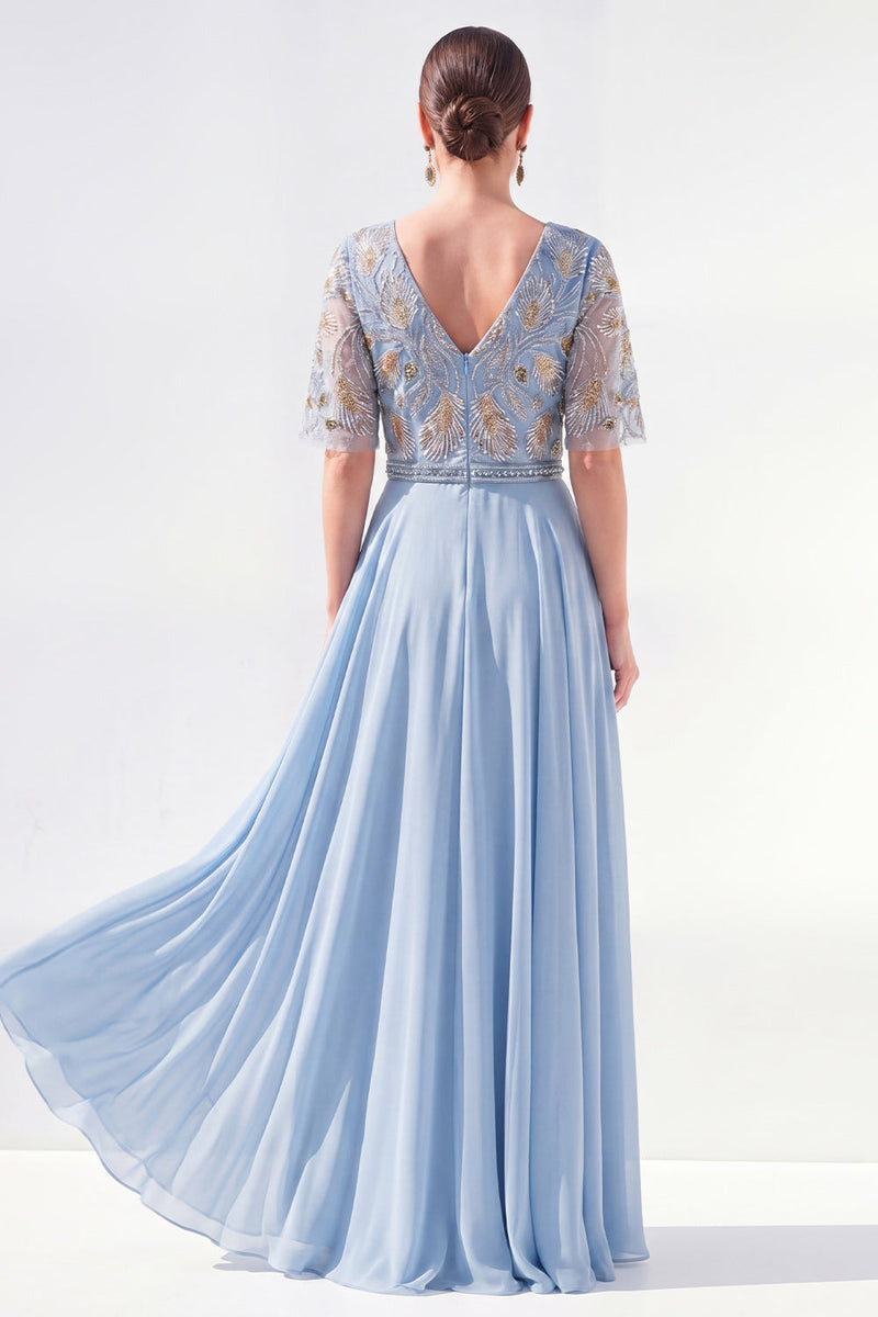 Load image into Gallery viewer, V-Neck Beaded Green Long Mother of the Bride Dress with Sleeves