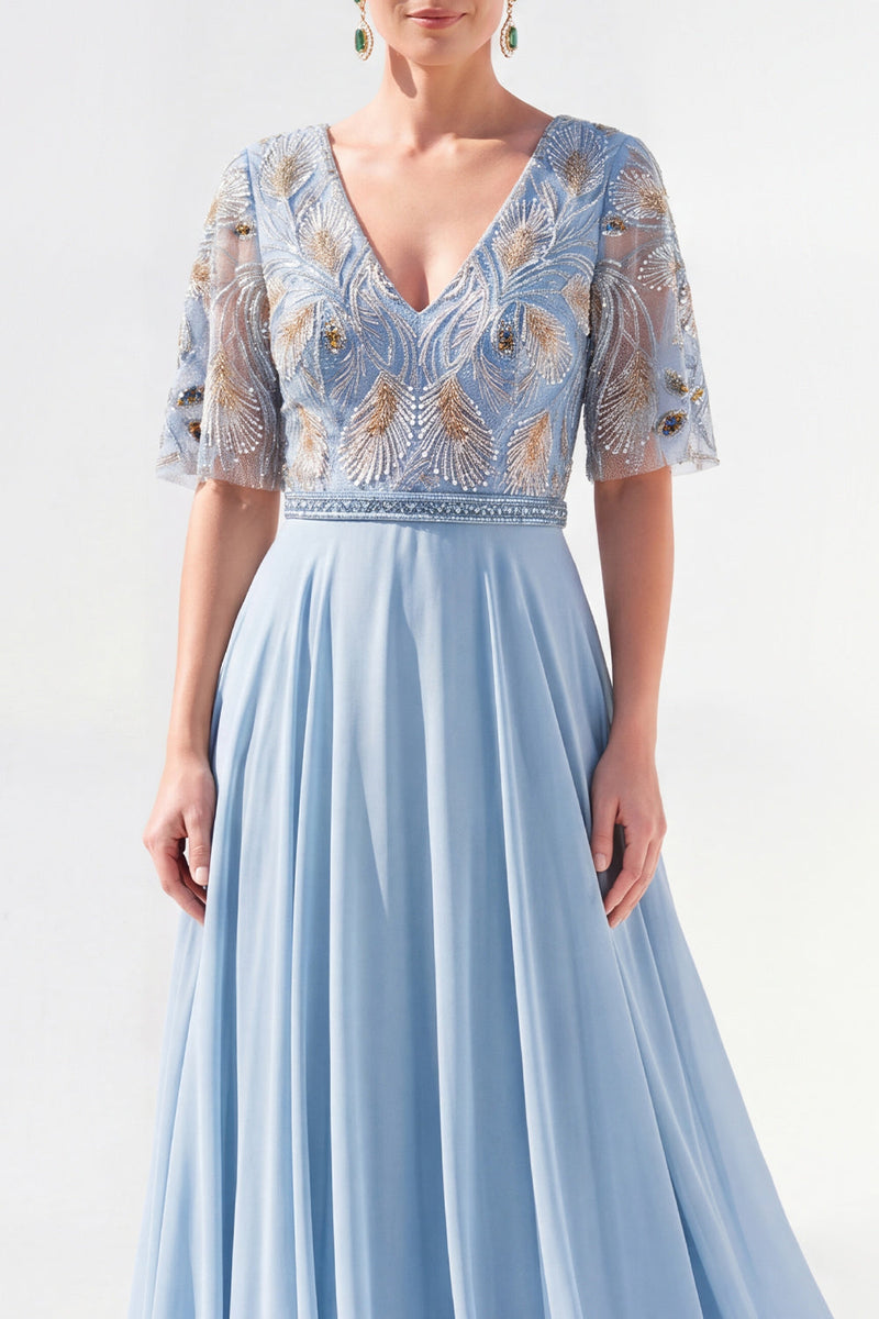 Load image into Gallery viewer, V-Neck Beaded Green Long Mother of the Bride Dress with Sleeves