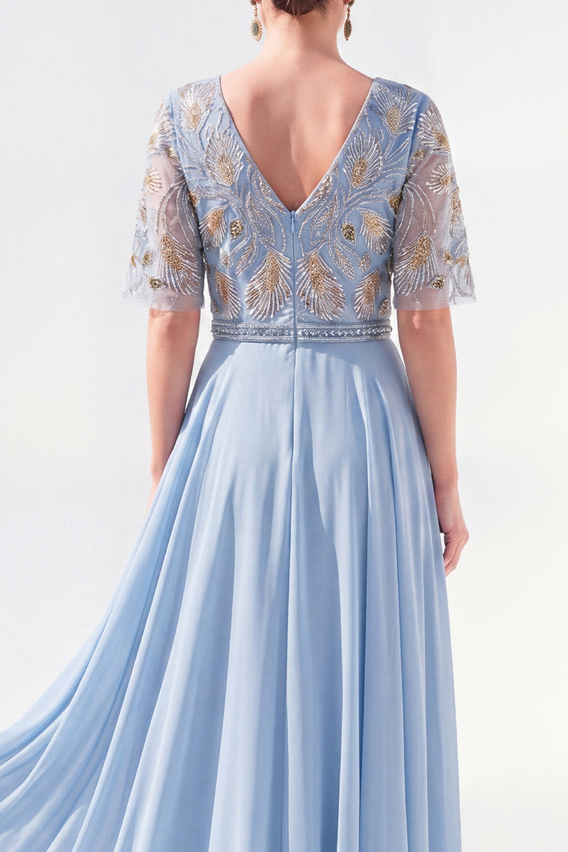 Load image into Gallery viewer, V-Neck Beaded Green Long Mother of the Bride Dress with Sleeves