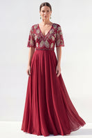Load image into Gallery viewer, V-Neck Beaded Green Long Mother of the Bride Dress with Sleeves