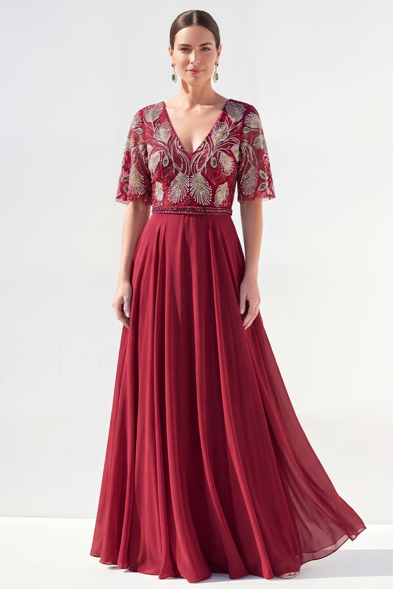 Load image into Gallery viewer, V-Neck Beaded Green Long Mother of the Bride Dress with Sleeves