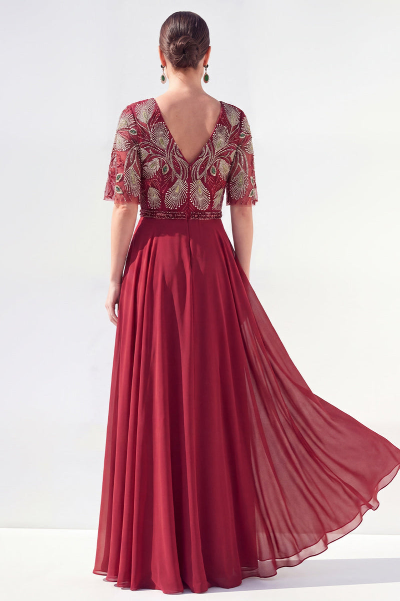 Load image into Gallery viewer, V-Neck Beaded Green Long Mother of the Bride Dress with Sleeves