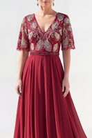 Load image into Gallery viewer, V-Neck Beaded Green Long Mother of the Bride Dress with Sleeves