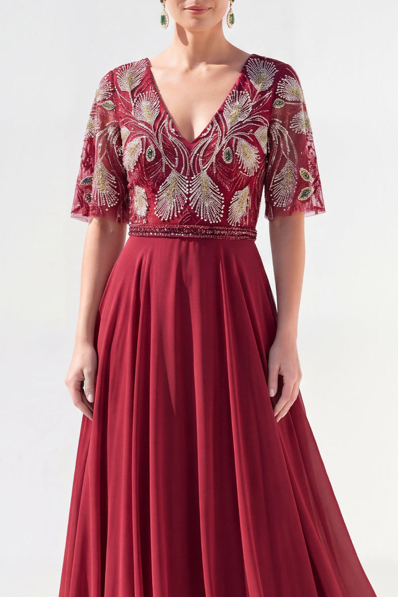 Load image into Gallery viewer, V-Neck Beaded Green Long Mother of the Bride Dress with Sleeves