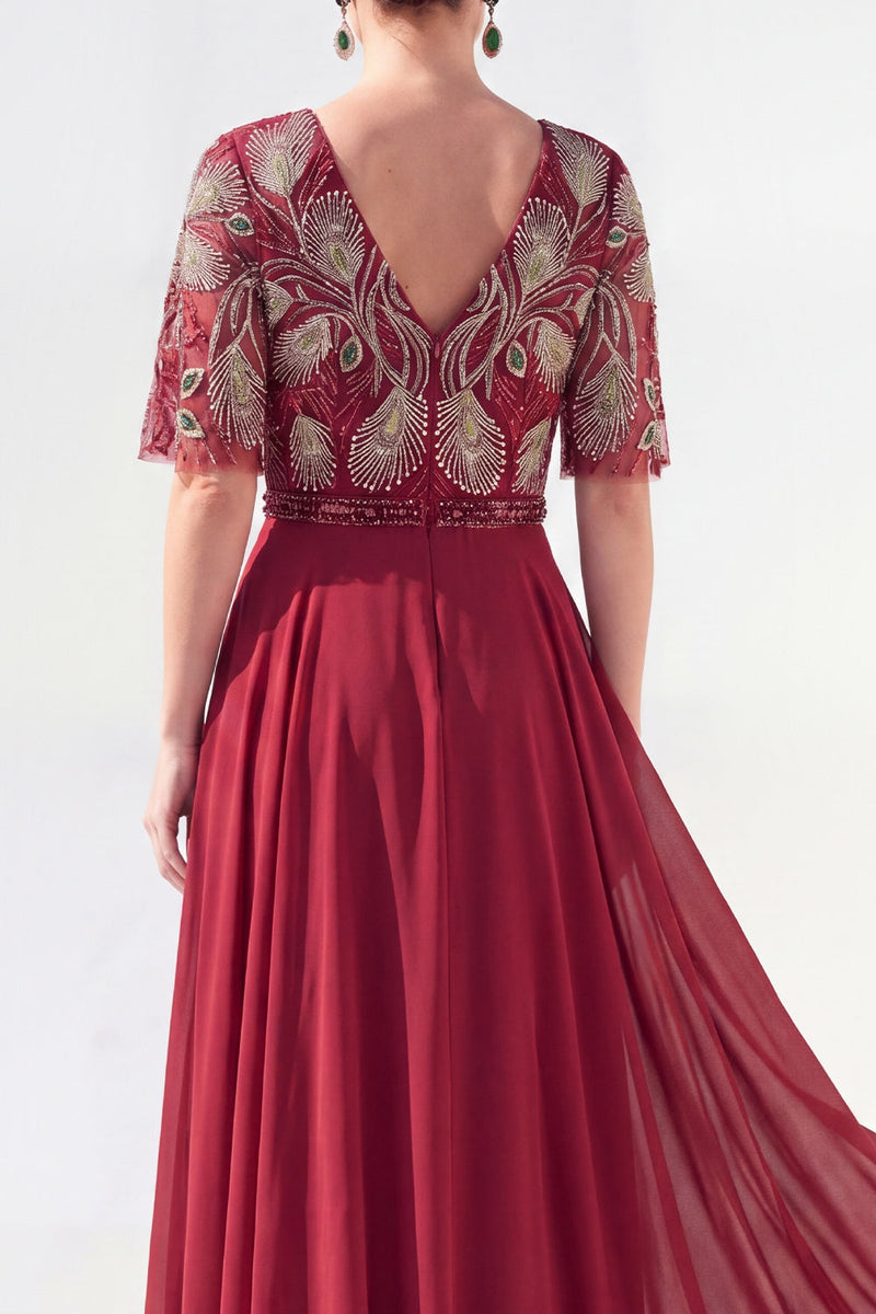 Load image into Gallery viewer, V-Neck Beaded Green Long Mother of the Bride Dress with Sleeves