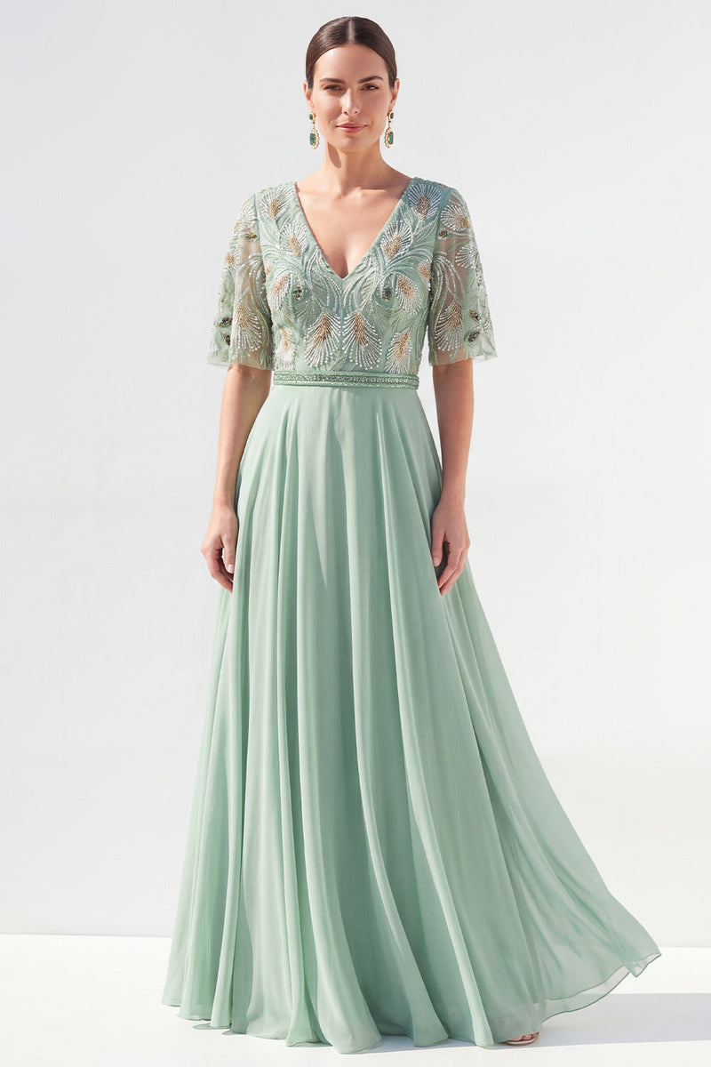 Load image into Gallery viewer, V-Neck Beaded Green Long Mother of the Bride Dress with Sleeves