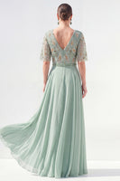 Load image into Gallery viewer, V-Neck Beaded Green Long Mother of the Bride Dress with Sleeves
