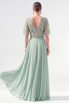 V-Neck Beaded Green Long Mother of the Bride Dress with Sleeves