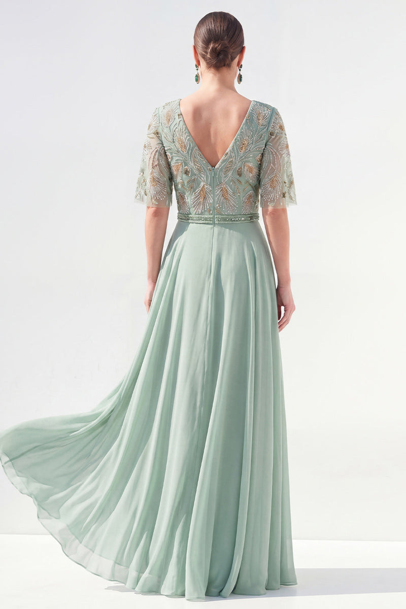 Load image into Gallery viewer, V-Neck Beaded Green Long Mother of the Bride Dress with Sleeves