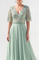 Load image into Gallery viewer, V-Neck Beaded Green Long Mother of the Bride Dress with Sleeves