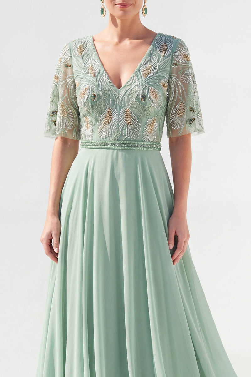 Load image into Gallery viewer, V-Neck Beaded Green Long Mother of the Bride Dress with Sleeves