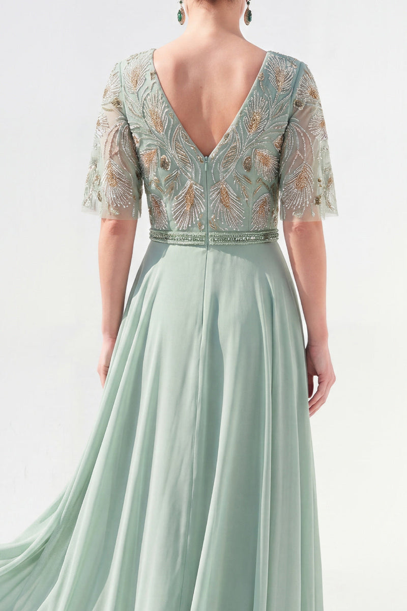 Load image into Gallery viewer, V-Neck Beaded Green Long Mother of the Bride Dress with Sleeves