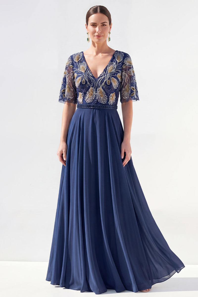 Load image into Gallery viewer, V-Neck Beaded Green Long Mother of the Bride Dress with Sleeves