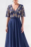 Load image into Gallery viewer, V-Neck Beaded Green Long Mother of the Bride Dress with Sleeves