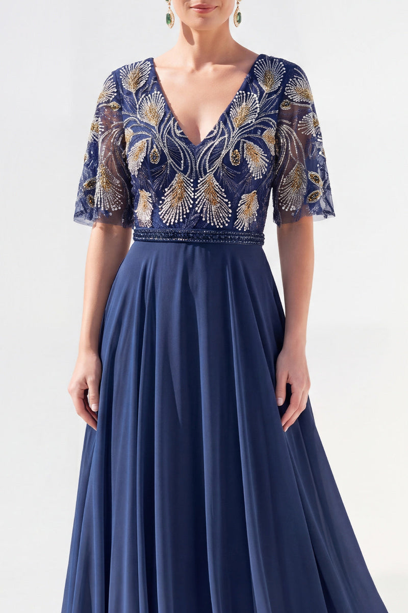Load image into Gallery viewer, V-Neck Beaded Green Long Mother of the Bride Dress with Sleeves