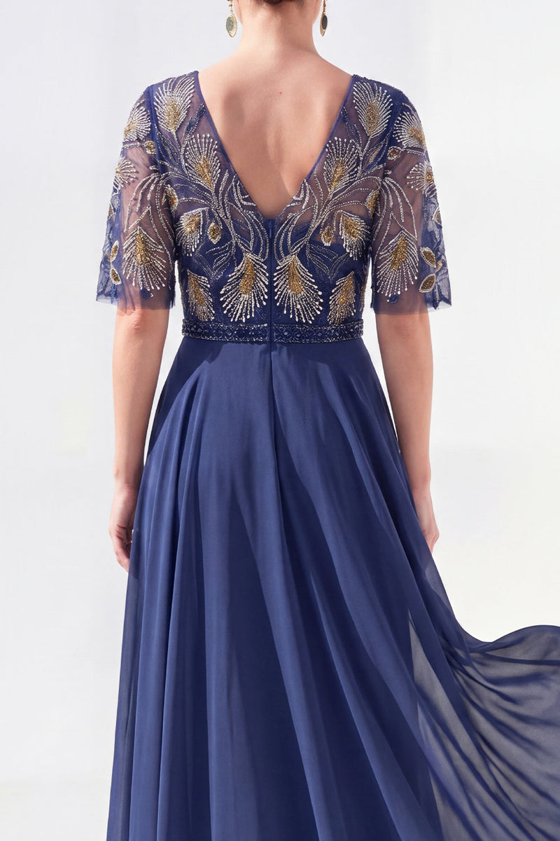 Load image into Gallery viewer, V-Neck Beaded Green Long Mother of the Bride Dress with Sleeves