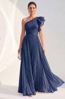 Load image into Gallery viewer, Navy A Line Glitter Ruffled Long Mother of the Bride Dress with Pleats