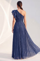 Load image into Gallery viewer, Navy A Line Glitter Ruffled Long Mother of the Bride Dress with Pleats