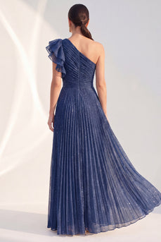 Navy A Line Glitter Ruffled Long Mother of the Bride Dress with Pleats
