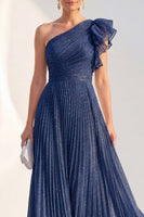 Load image into Gallery viewer, Navy A Line Glitter Ruffled Long Mother of the Bride Dress with Pleats