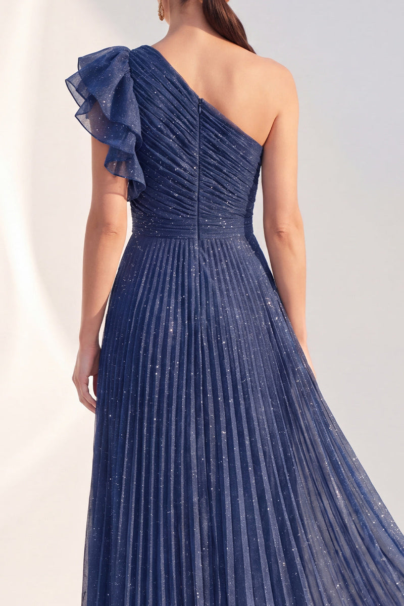 Load image into Gallery viewer, Navy A Line Glitter Ruffled Long Mother of the Bride Dress with Pleats