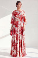 Load image into Gallery viewer, Floral Red Boat Neck Long A Line Mother of the Bride Dress