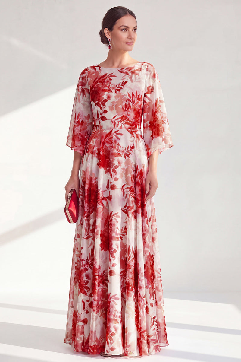 Load image into Gallery viewer, Floral Red Boat Neck Long A Line Mother of the Bride Dress
