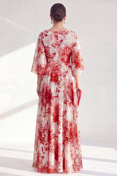 Floral Red Boat Neck Long A Line Mother of the Bride Dress
