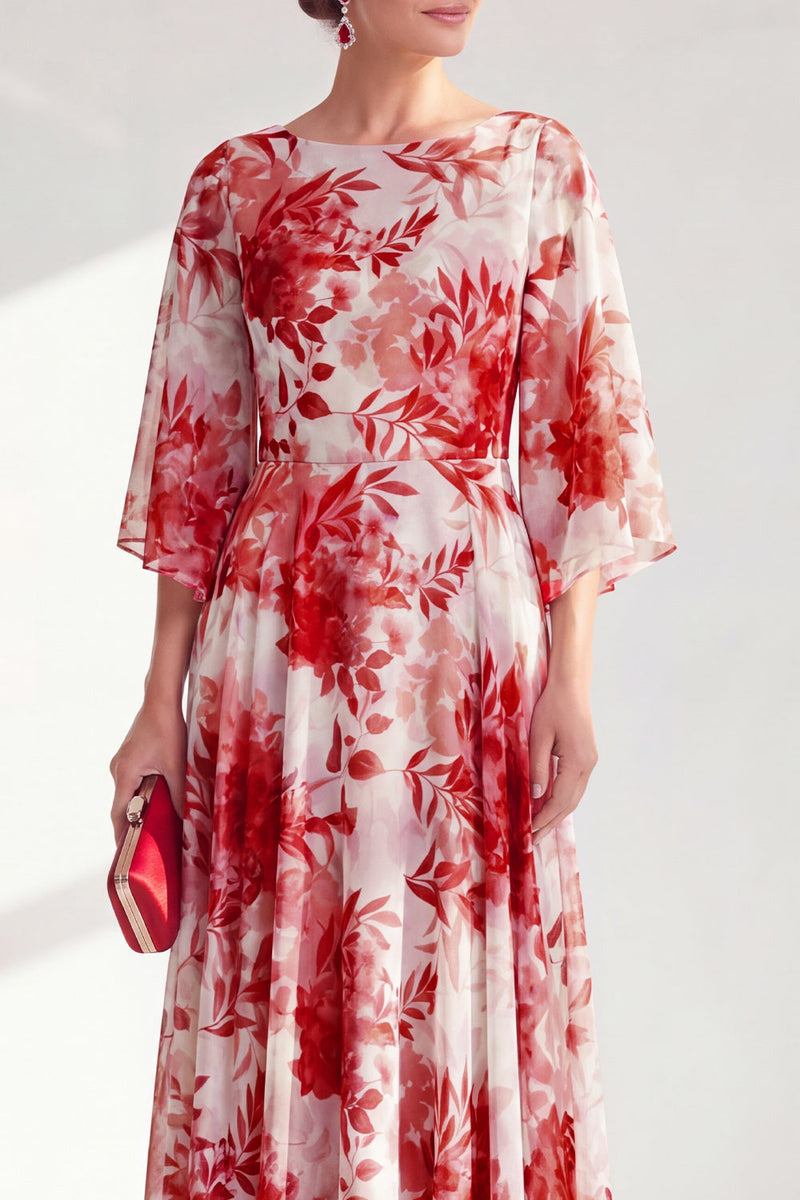 Load image into Gallery viewer, Floral Red Boat Neck Long A Line Mother of the Bride Dress