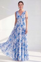 Load image into Gallery viewer, A Line Blue V-Neck Ruched Floral Chiffon Long Mother of the Bride Dress